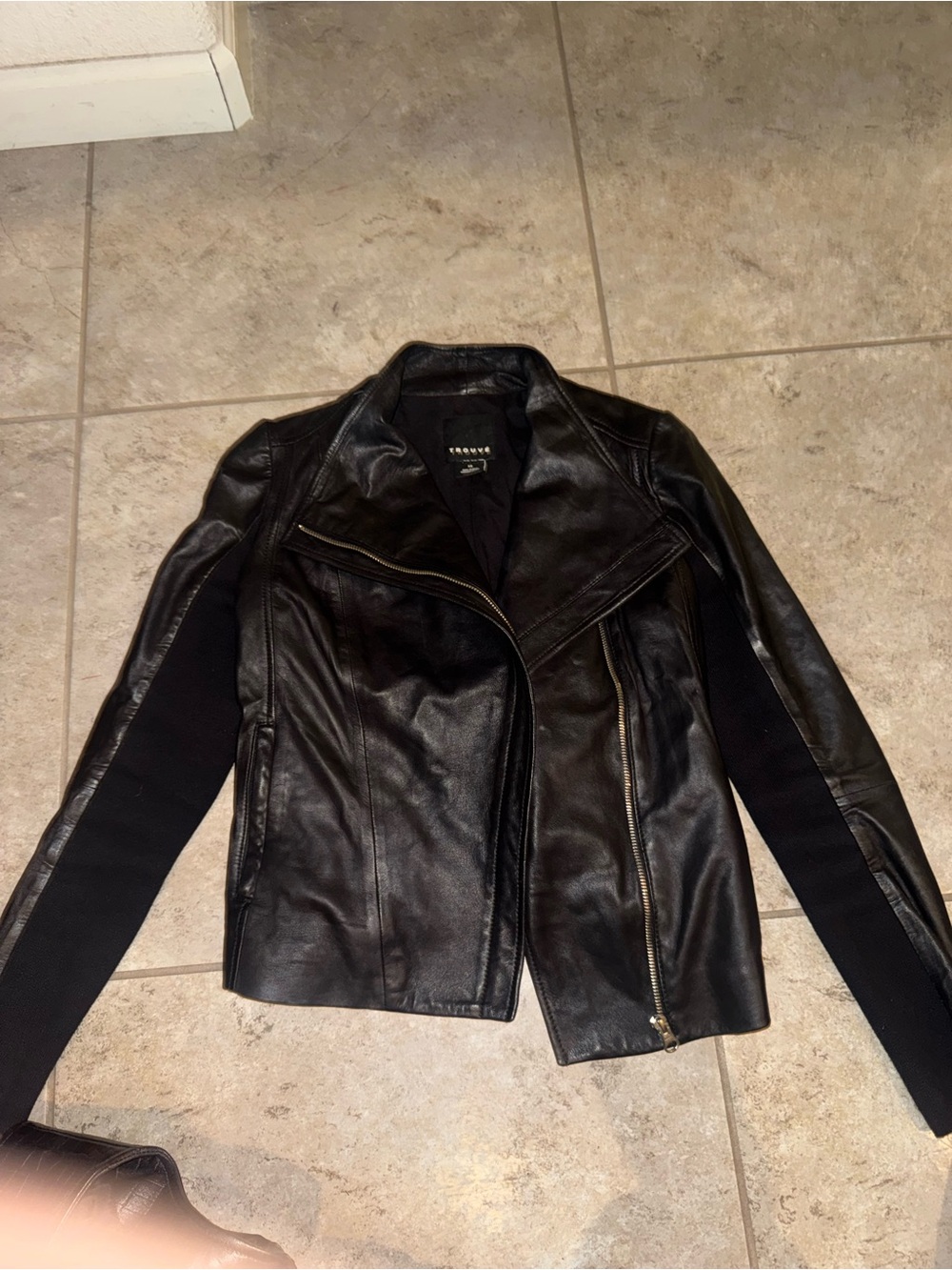 Trouvé Women’s Black Faux Leather Moto Jacket with Knit Sleeves Sz small